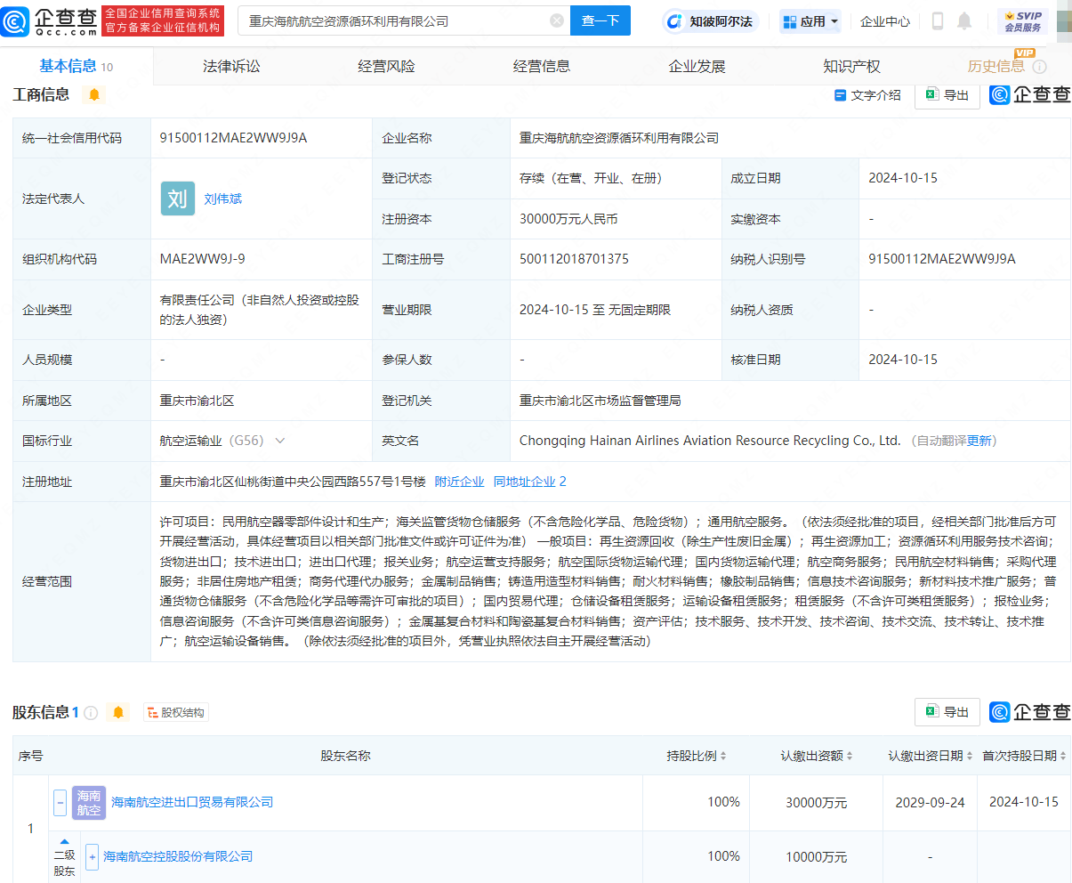 海航控股投资成立航空技术新公司